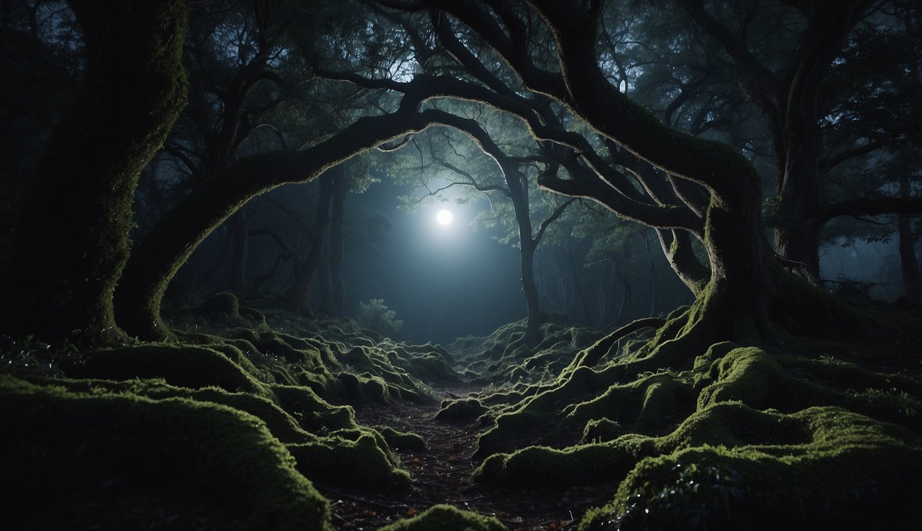 A moonlit forest with twisting vines and ancient trees, where shadowy figures move with agility and grace, their eyes gleaming in the darkness