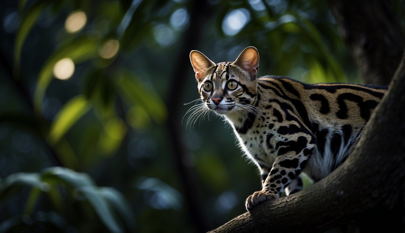 The Margay gracefully climbs a tall tree in the moonlit jungle, its sleek fur blending into the shadows.

Its long tail sways as it moves with agility and precision through the dense foliage