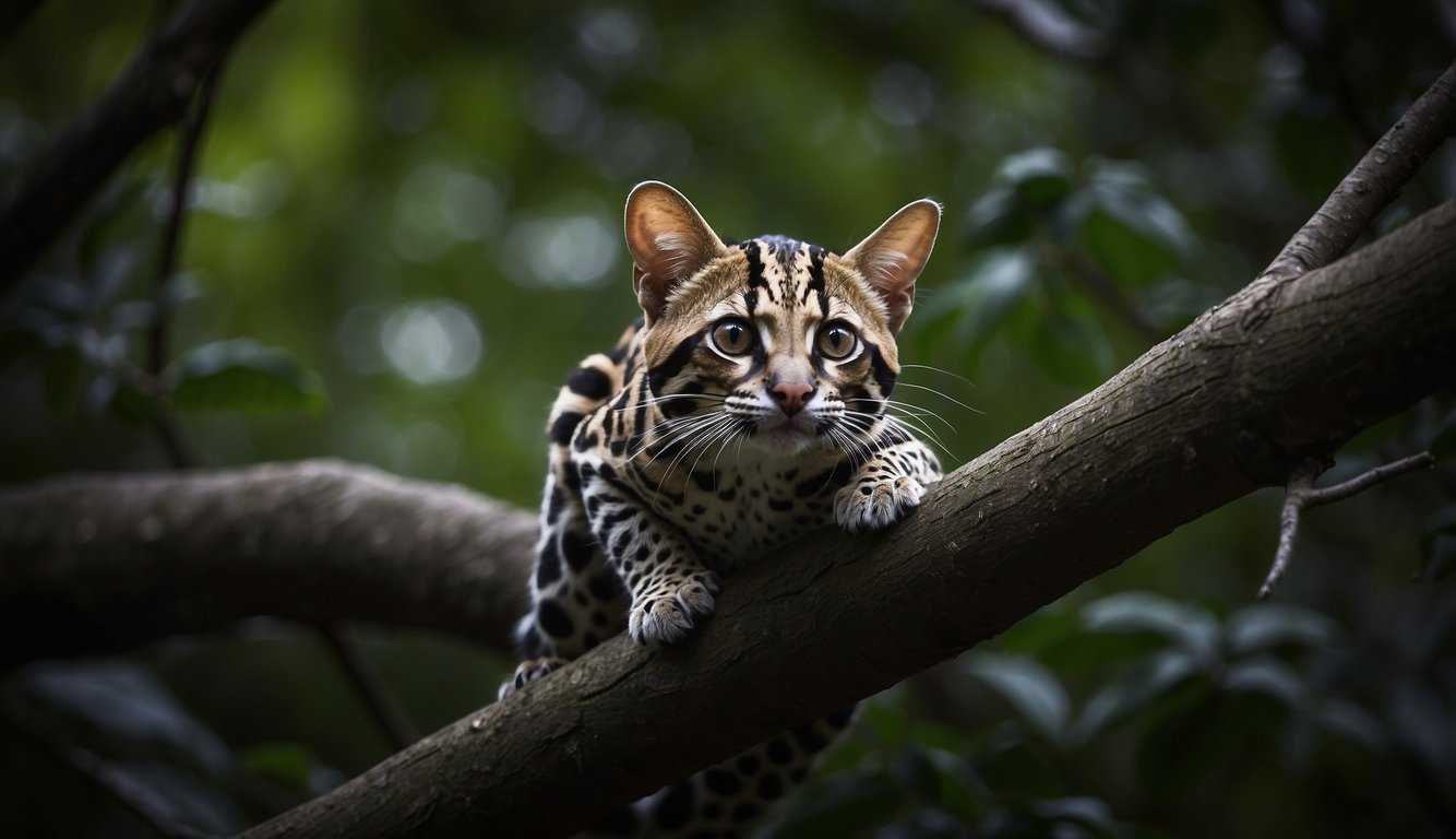A margay gracefully climbs a tall tree, its agile body moving with precision.

It carefully stalks its prey, using its keen senses to hunt in the cover of darkness