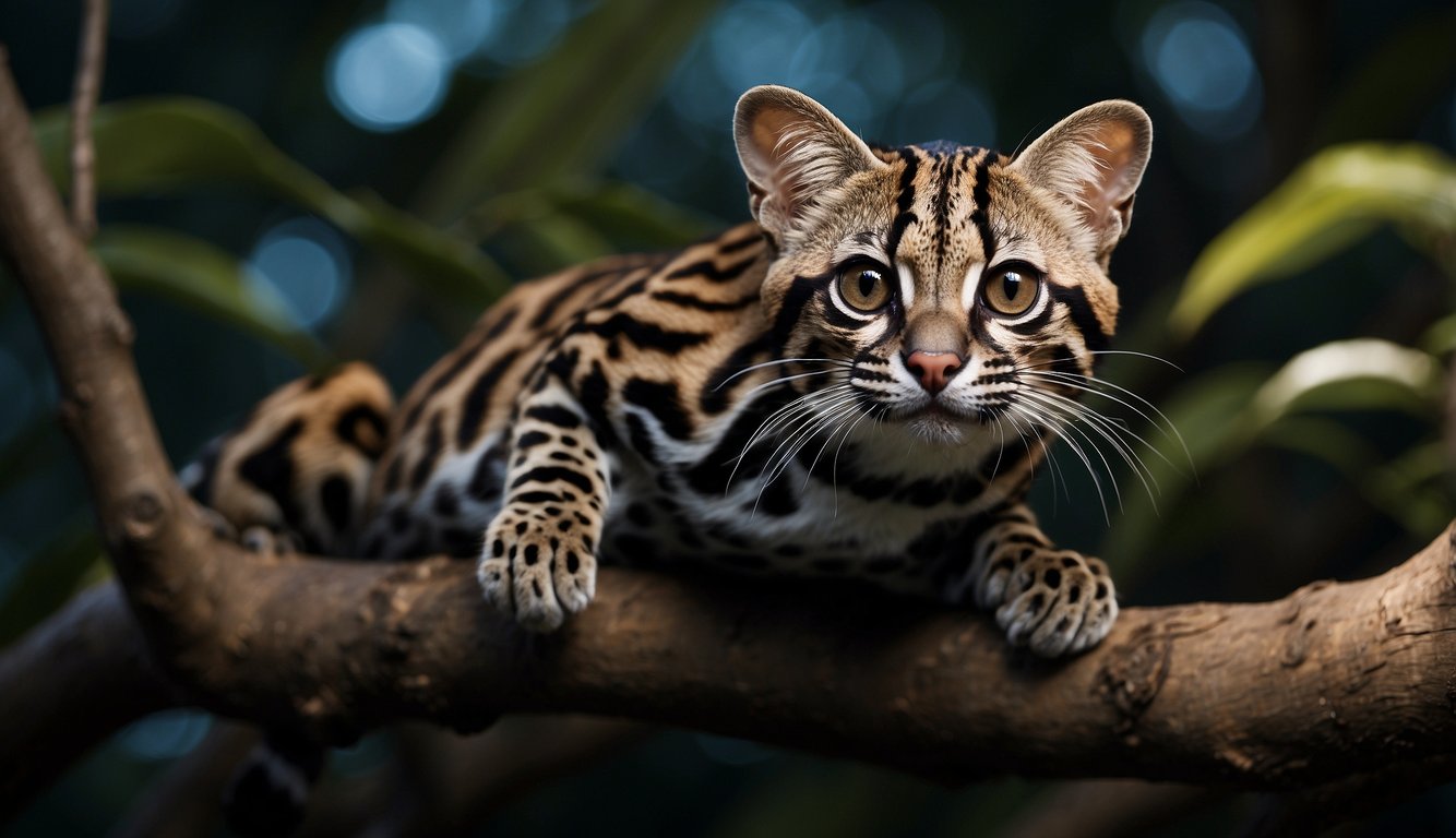 A margay leaps effortlessly from branch to branch, its sleek fur glistening in the moonlight.

It moves with grace and agility, embodying the mystical nature of these elusive tree-dwelling creatures