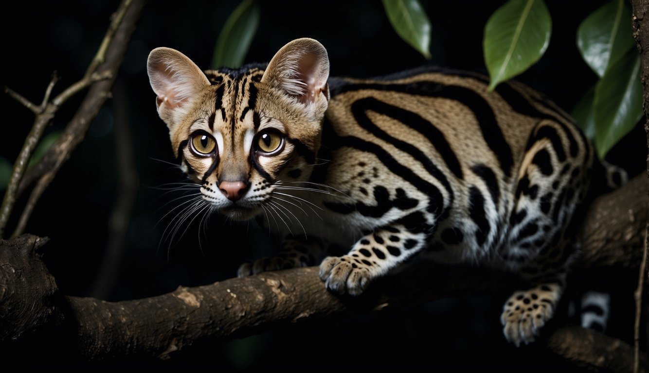 The margay leaps effortlessly from branch to branch, its sleek fur blending into the darkness of the night.

A pair of glowing eyes pierces through the shadows, reflecting the moonlight as it surveys its treetop domain