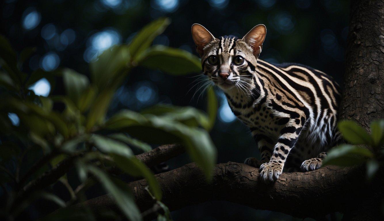 A mystical margay gracefully climbs a tree at night, its agile body blending into the shadows as it moves with ease through the dense foliage