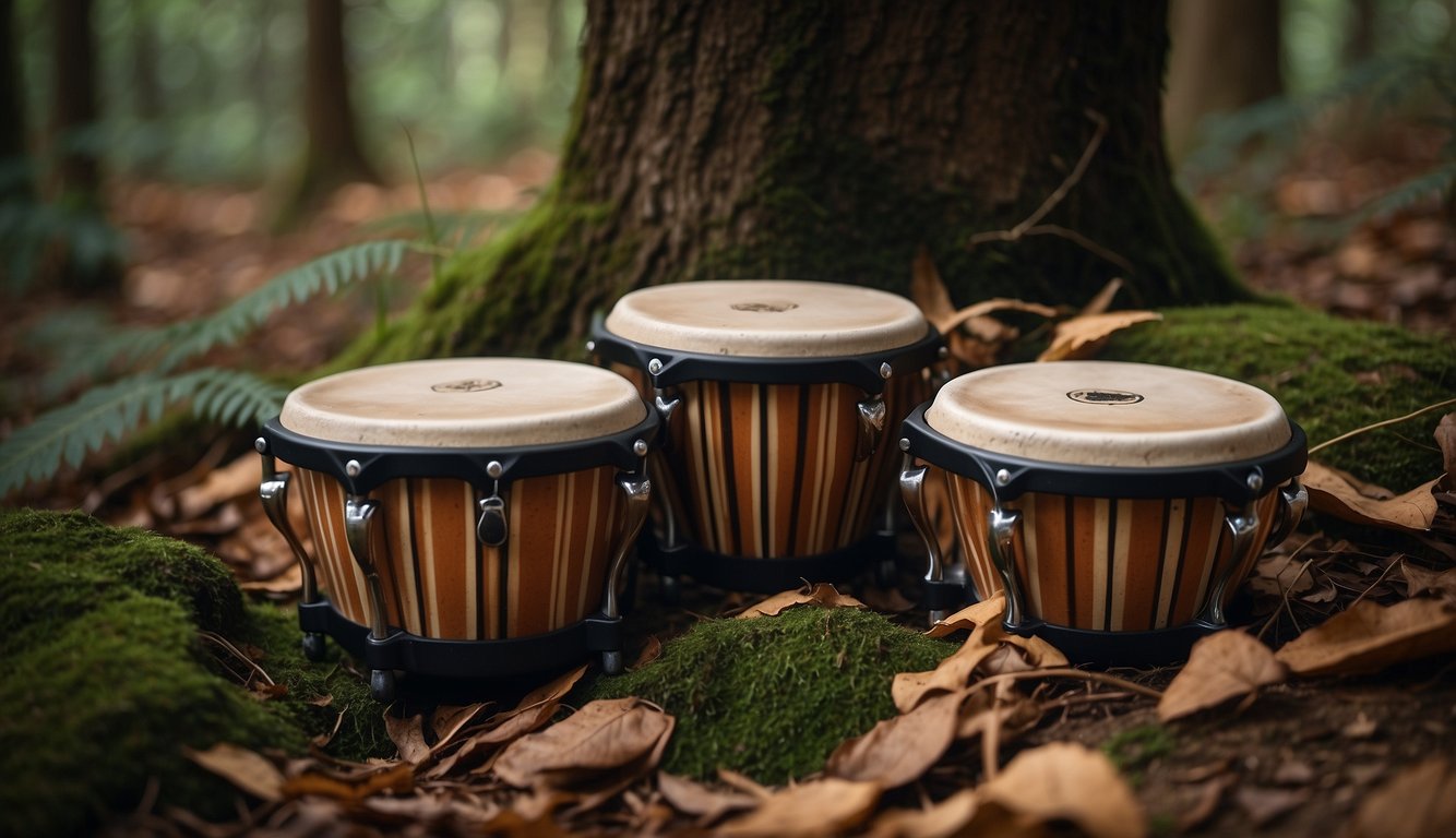 The bongos, with their distinctive stripes, sit nestled among the roots and fallen leaves of the forest floor, their rhythmic beats echoing through the trees