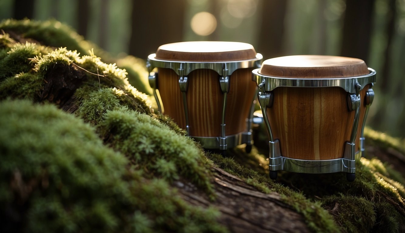 A pair of bongos sit on a moss-covered log in a dense forest.

Sunlight filters through the leaves, casting dappled shadows on the striped drums