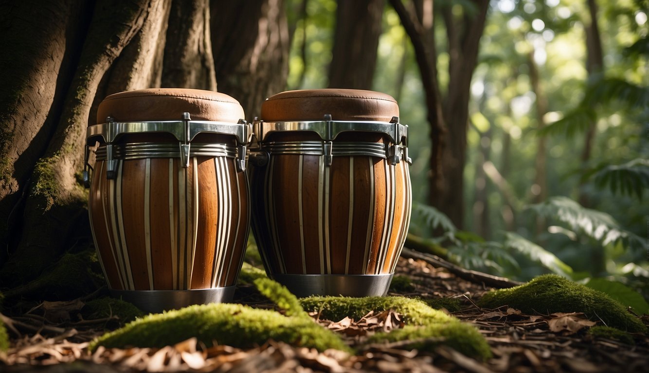 A pair of bongos sit nestled among the roots of a towering tree in the heart of a lush forest.

Sunlight filters through the canopy, casting dappled shadows on the striped drums, as a gentle breeze rustles the leaves overhead