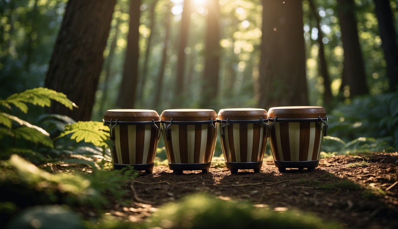 A group of striped bongos play in a forest clearing, surrounded by tall trees and lush greenery.

Sunlight filters through the leaves, casting dappled shadows on the ground