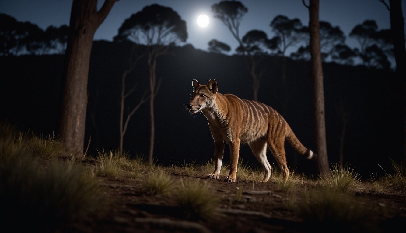 A lone thylacine prowls through the dense Tasmanian wilderness, its sleek fur blending into the shadows as it hunts under the moonlit sky