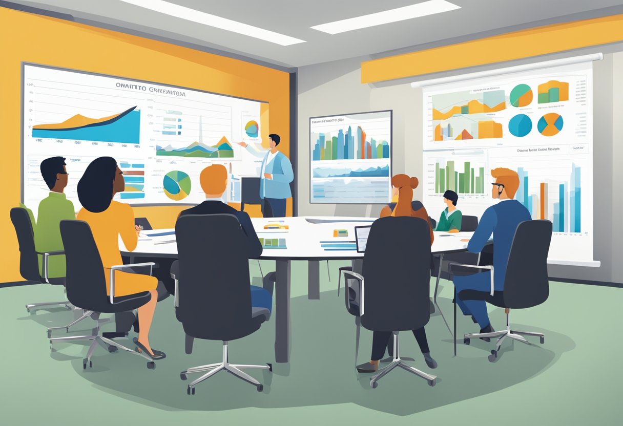 A group of people in a meeting room, discussing CRJMC Ontario with charts and graphs on the wall