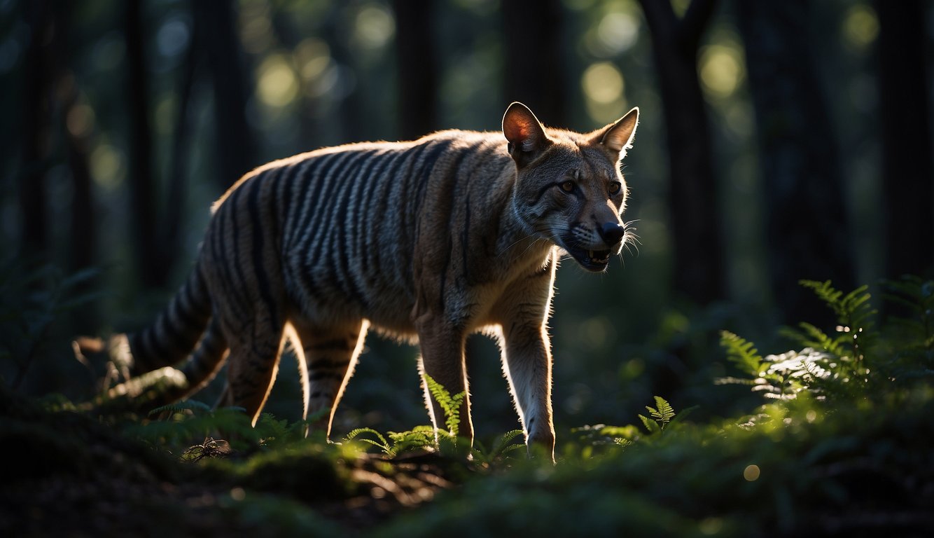 A thylacine prowls through a lush Tasmanian forest, its sleek fur blending with the shadows.

The creature's distinctive stripes and powerful build are captured in the moonlight