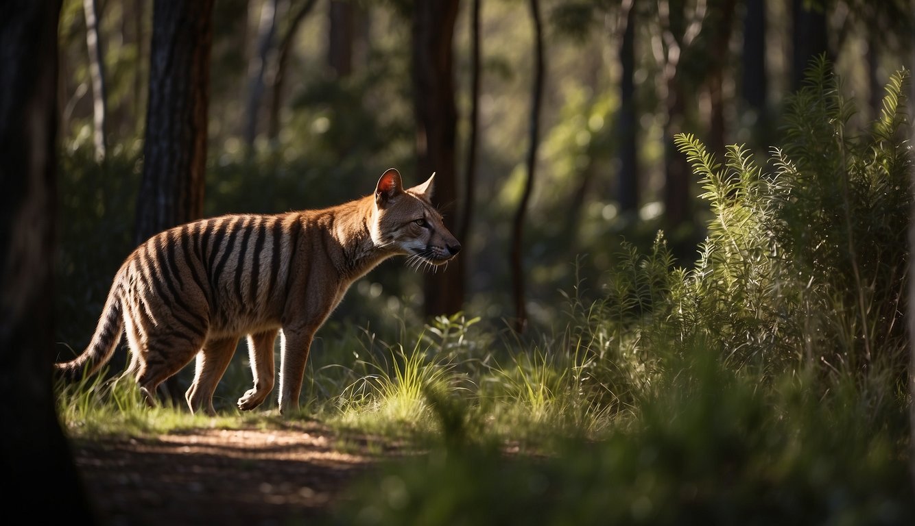 A thylacine prowls through the dense Tasmanian bush, its striped back blending into the shadows.

It pauses to sniff the air, ears pricked for any sign of prey