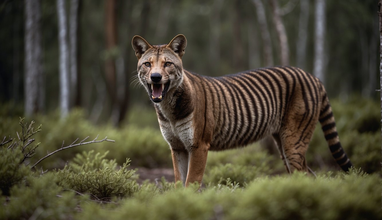 The Thylacine roams the dense Tasmanian wilderness, its once abundant habitat now scarred by human impact.

Deforestation and hunting have led to the demise of this majestic creature