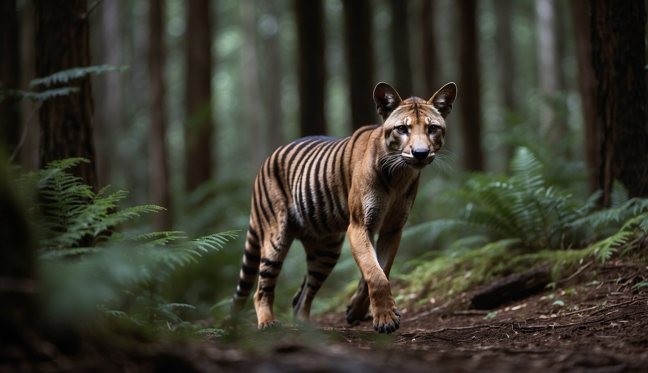 A Tasmanian tiger prowls through a dense forest, its striped back blending into the shadows.

Ears perked, it surveys its surroundings with a sense of mystery and intrigue