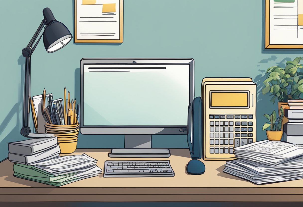 A desk with a computer, calculator, and paperwork. A sign on the wall reads "Fees and Payments ﻿CRJMC Ontario"