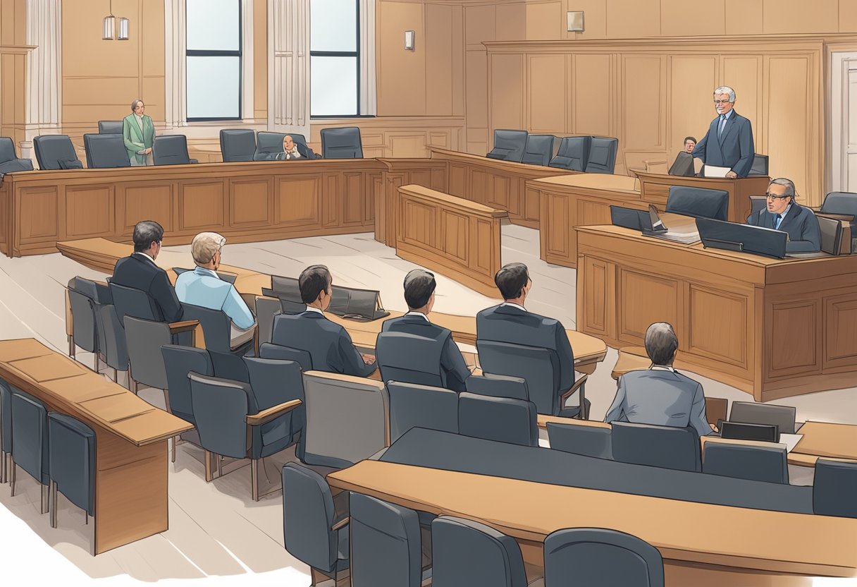 A courtroom with judges, lawyers, and a defendant. The Ontario Court of Justice sign is visible. Documents and legal briefs are scattered on the tables