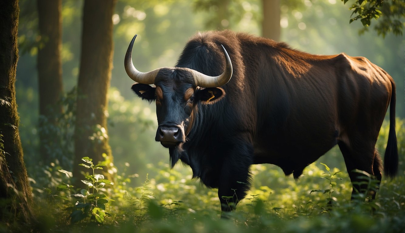 A majestic Gaur bull stands amidst lush greenery, its powerful frame and distinctive hump dominating the forest scene.

Sunlight filters through the canopy, casting a warm glow on the massive creature's dark coat