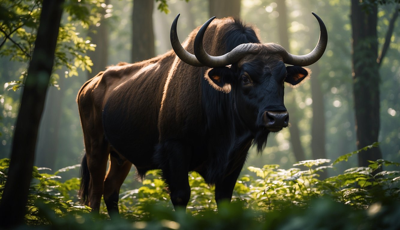 A massive gaur stands in a lush Asian forest, surrounded by towering trees and thick underbrush.

The sunlight filters through the canopy, casting dappled shadows on the powerful, muscular form of the majestic beast
