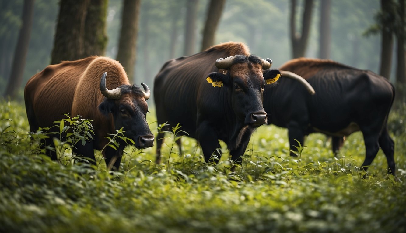 Gaur grazing peacefully in a lush Asian forest, with a herd socializing and feeding together.

A dominant male stands tall, while others playfully interact