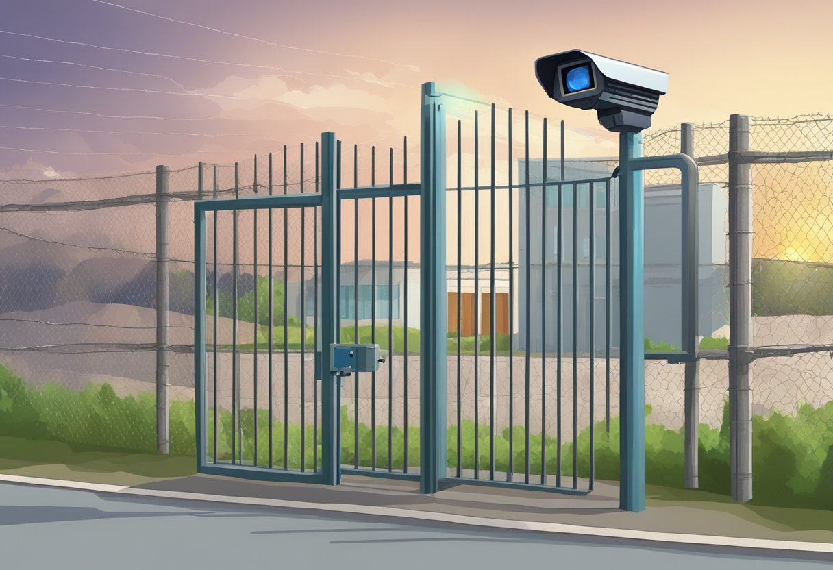 A high-tech security camera system monitors a gated entrance to a private facility, with motion sensors and barbed wire fencing