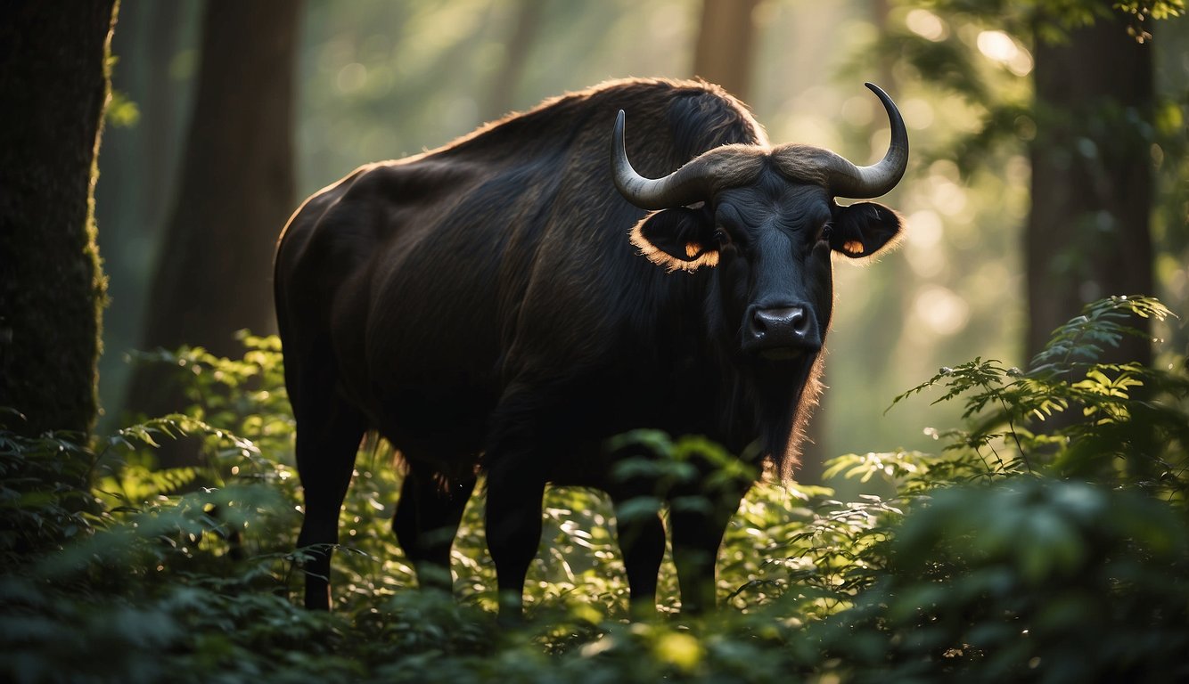 In a lush Asian forest, a majestic gaur stands tall, its powerful form silhouetted against the dappled sunlight filtering through the dense foliage.

The creature exudes strength and grace as it surveys its domain