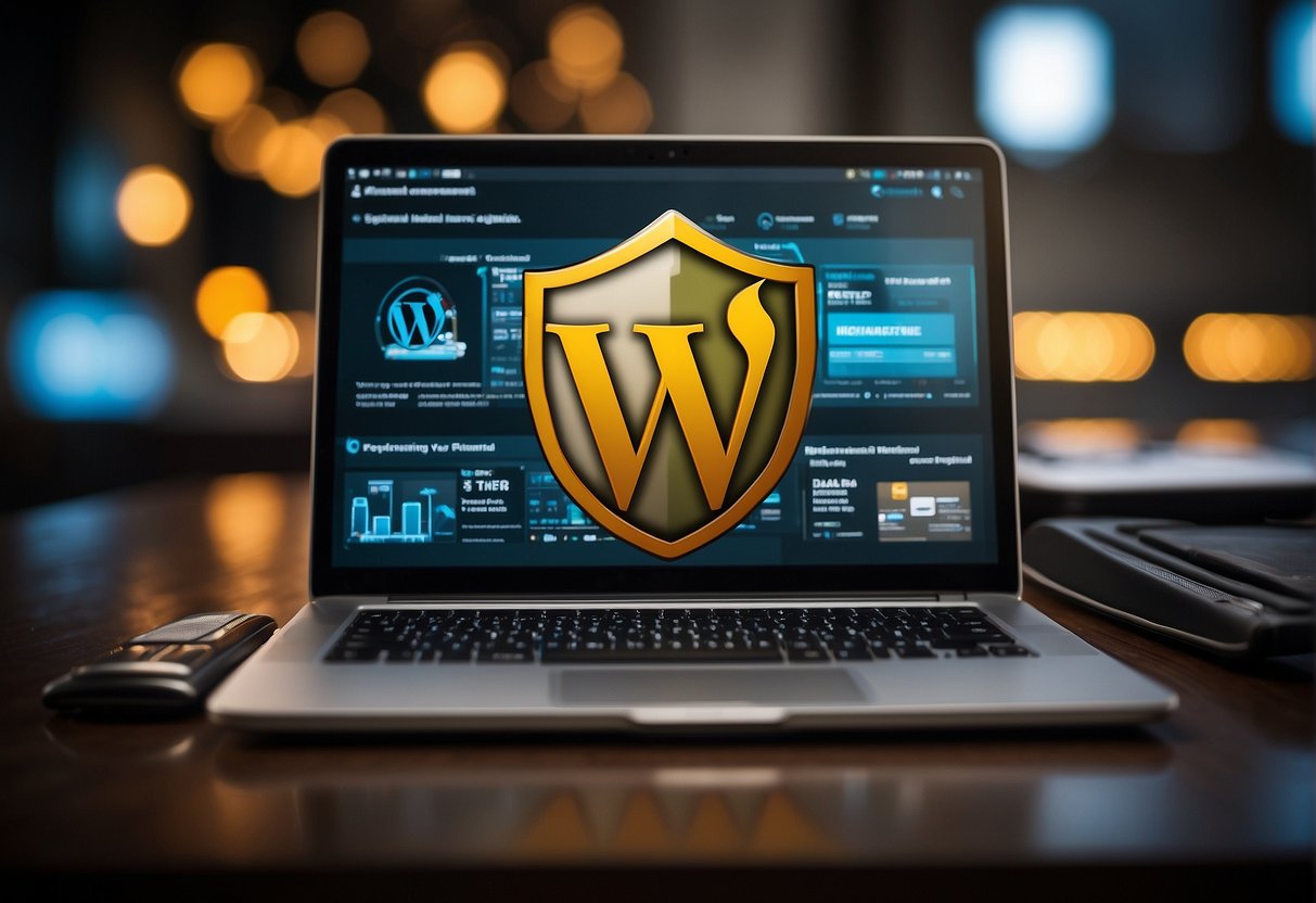 A laptop displaying a WordPress dashboard with a shield icon, surrounded by various website maintenance tools and security plugins