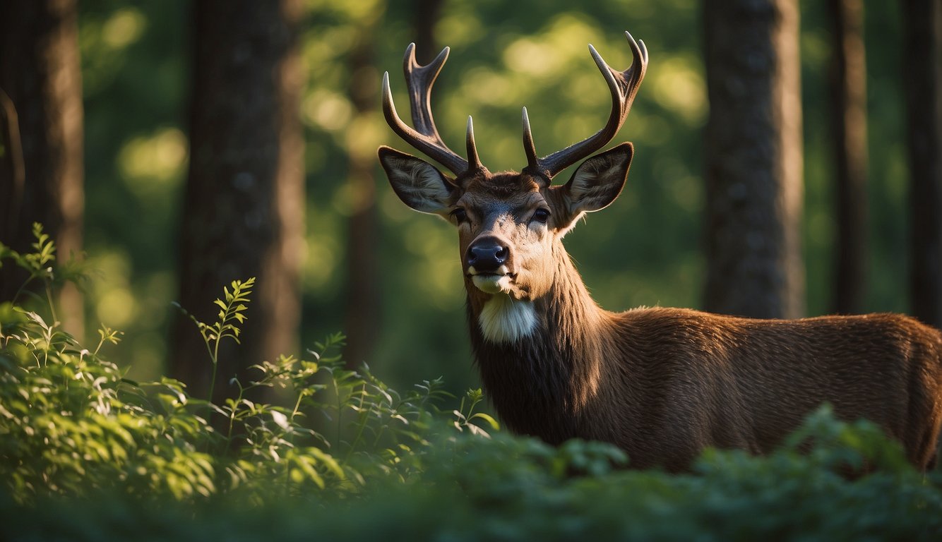 A majestic sable deer stands proudly amidst the lush forest, its velvet antlers glistening in the dappled sunlight.

The vibrant foliage creates a stunning backdrop for this magnificent creature