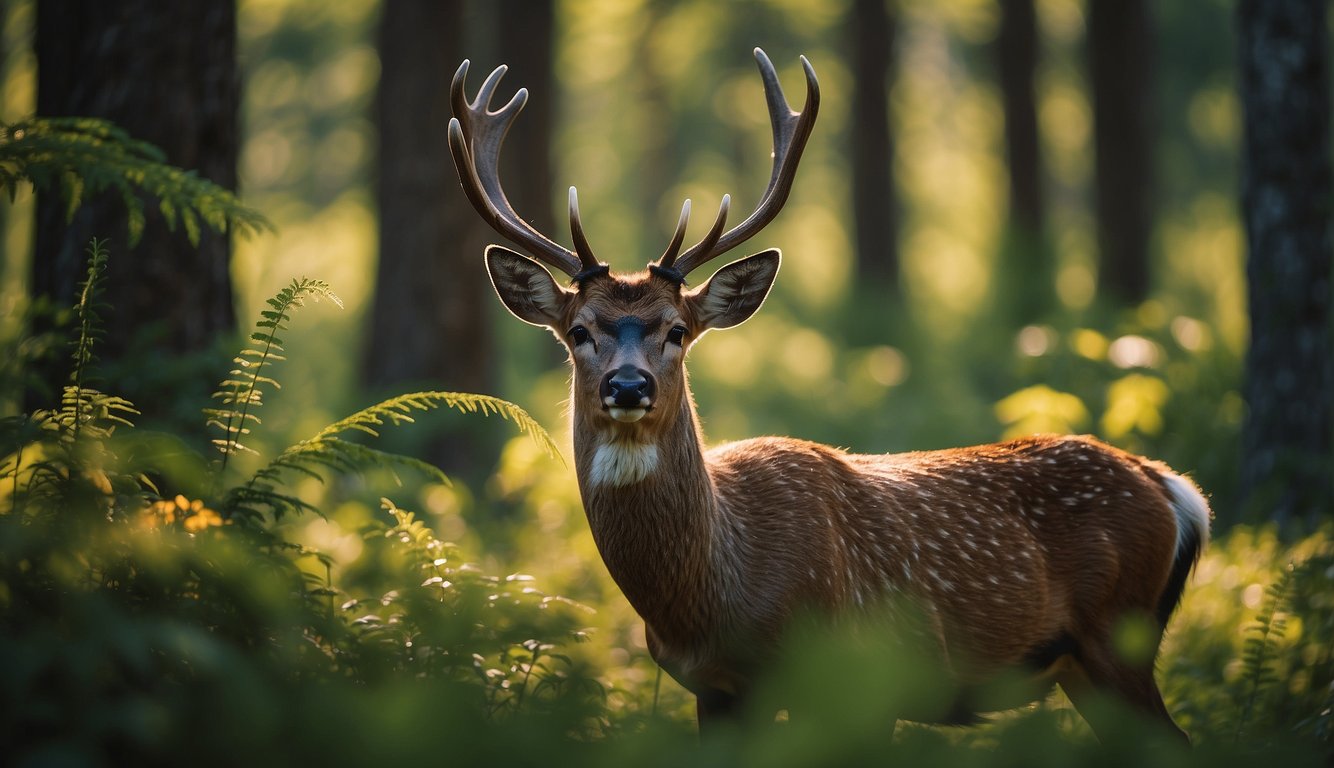 A majestic sable deer stands in a lush forest, its velvet antlers shimmering in the dappled sunlight, surrounded by vibrant flora and other woodland creatures
