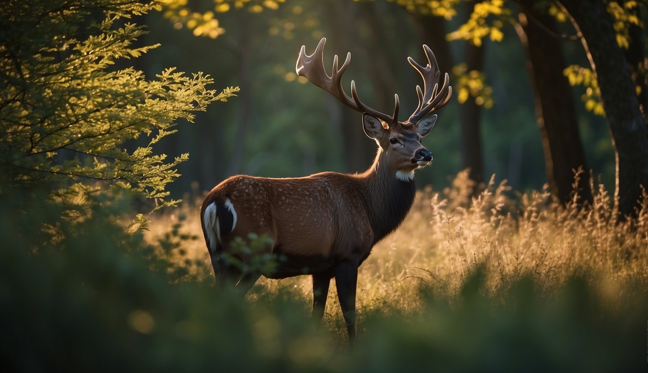 A sable deer with majestic velvet antlers stands amidst the lush forest, exuding strength and grace.

The sunlight filters through the trees, casting a warm glow on the magnificent creature