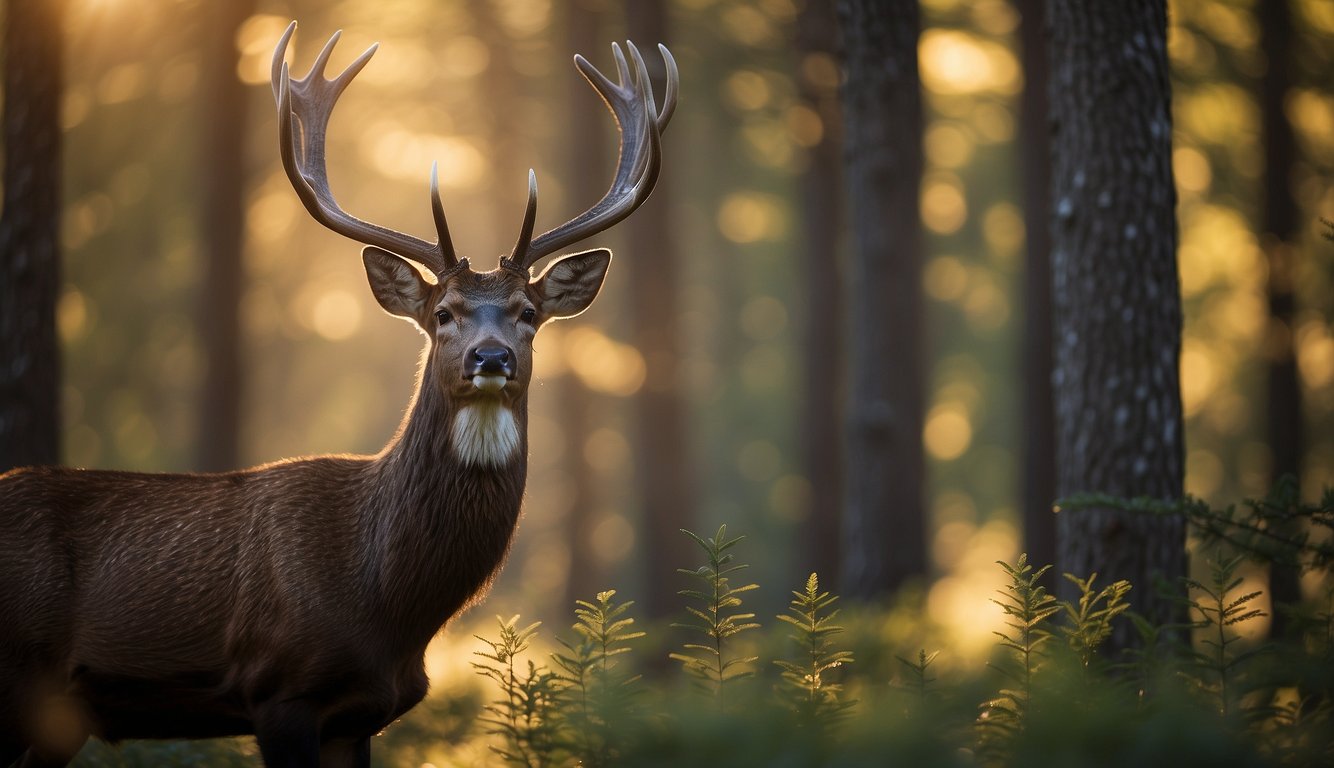 A majestic sable deer stands among the forest, its large antlers reaching towards the sky, bathed in the soft glow of sunlight filtering through the trees