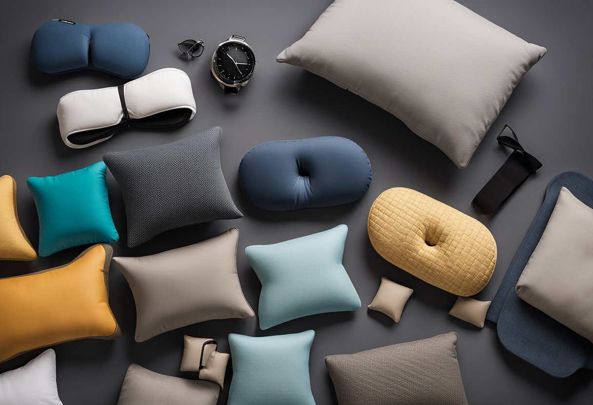 A table with 5 different types of neck pillows laid out, including the TRTL Pillow. Each pillow should be clearly visible and labeled for comparison