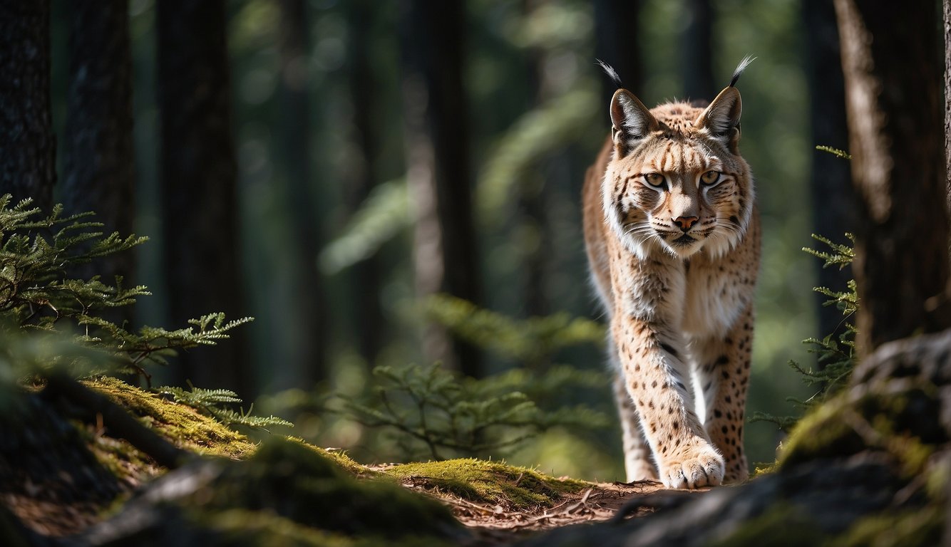 A majestic Eurasian lynx prowls through the dense taiga, its sleek fur blending seamlessly with the dappled sunlight filtering through the trees.

Its piercing eyes scan the surroundings, exuding an aura of silent power and grace