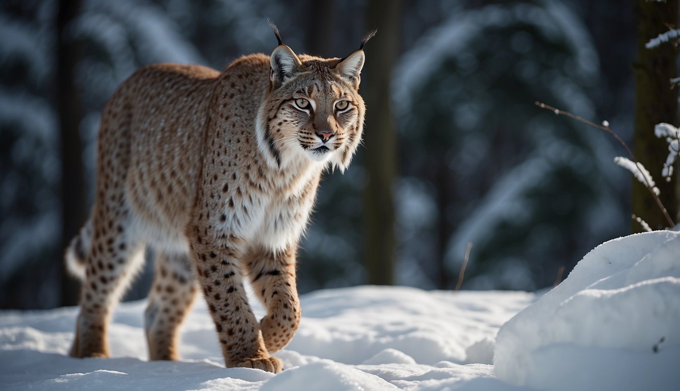 A solitary Eurasian Lynx prowls through the dense, snow-covered taiga, its powerful muscles rippling beneath its sleek fur.

The silent predator blends seamlessly into the shadows, its piercing eyes focused on its elusive prey