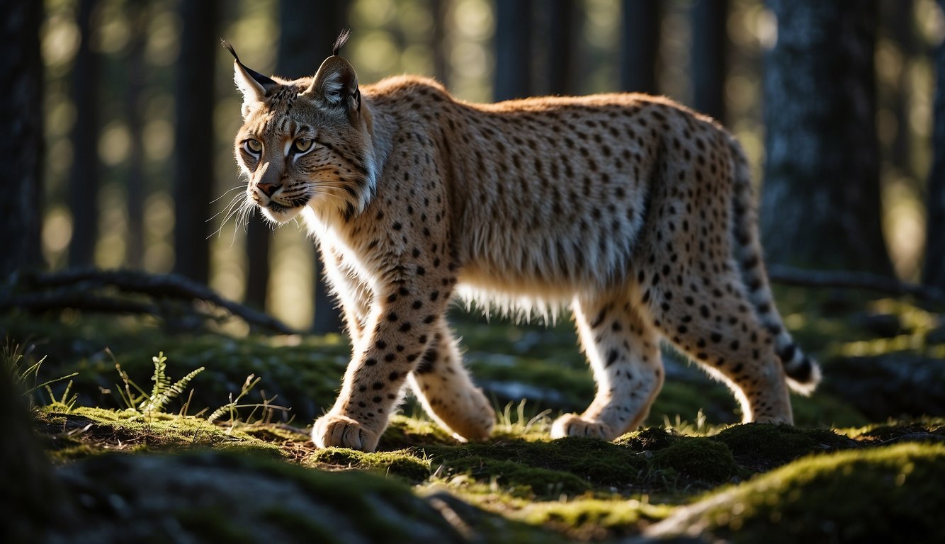 A shadow Eurasian lynx prowls through the dense taiga, its sleek fur blending seamlessly with the dappled sunlight filtering through the trees.

It moves with silent grace, hunting for prey in its natural habitat