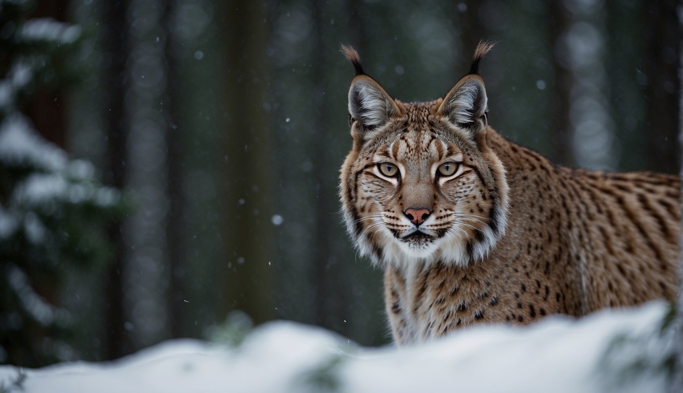 A lone Eurasian lynx prowls through the dense taiga, its piercing eyes scanning the shadowy forest.

The silent predator blends seamlessly into the landscape, a symbol of the delicate balance of nature