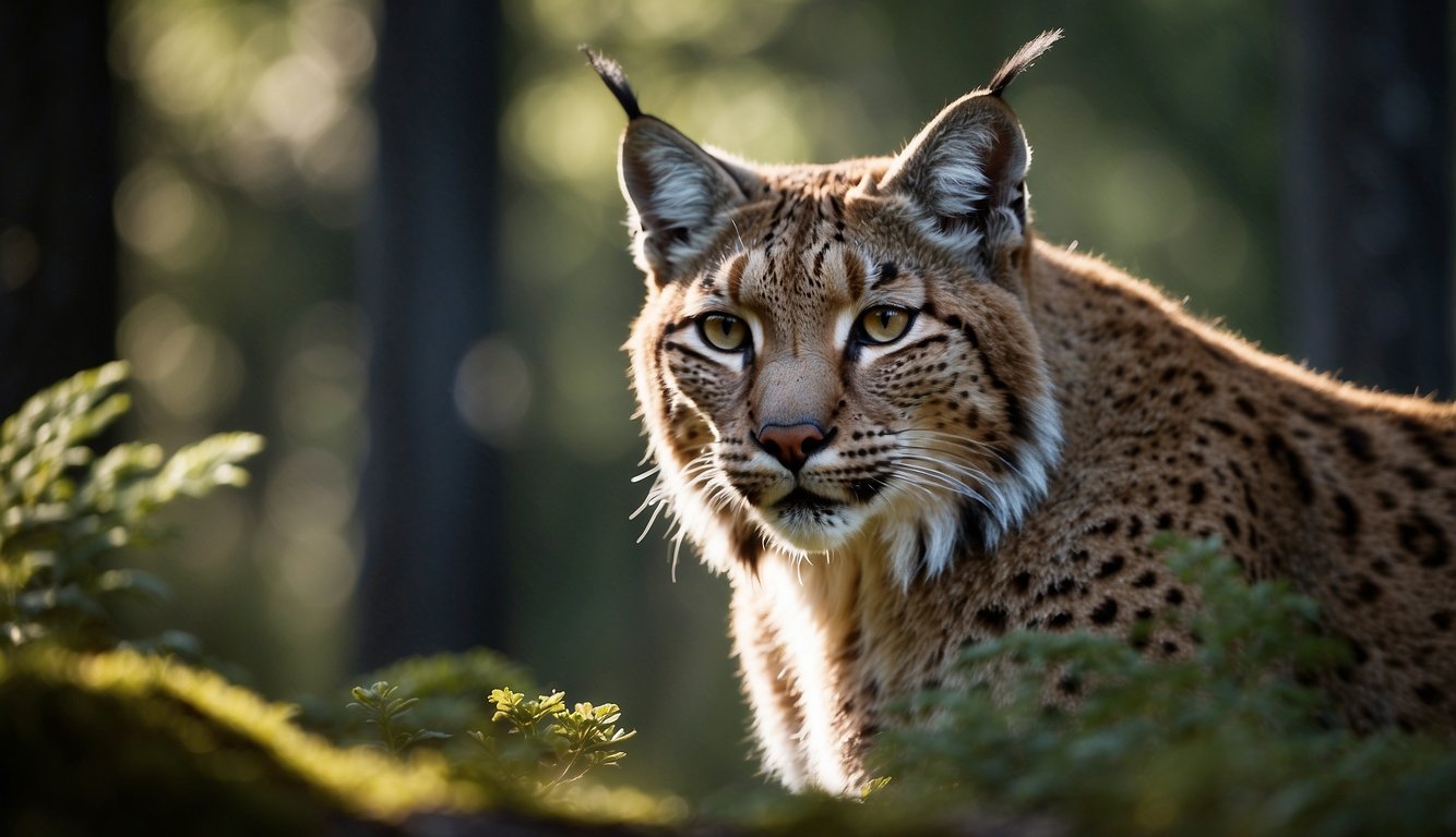 The Eurasian lynx prowls through the dense taiga forest, its sleek fur blending seamlessly with the dappled sunlight filtering through the trees.

The elusive predator moves with silent grace, its piercing eyes scanning the surroundings for potential prey