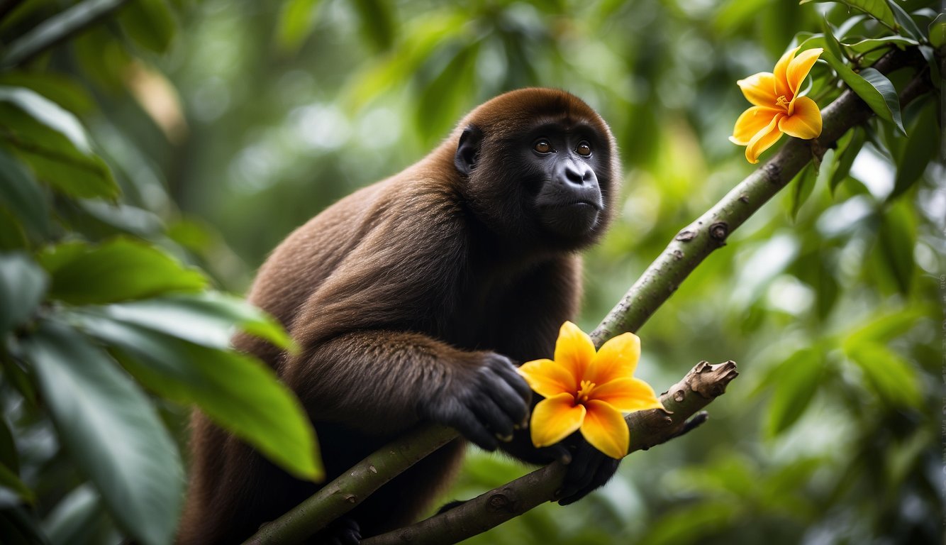 A wise woolly monkey perches on a branch, surrounded by lush green leaves and vibrant tropical flowers.

The monkey gazes out with a knowing expression, its fur blending seamlessly with the rich colors of the rainforest canopy
