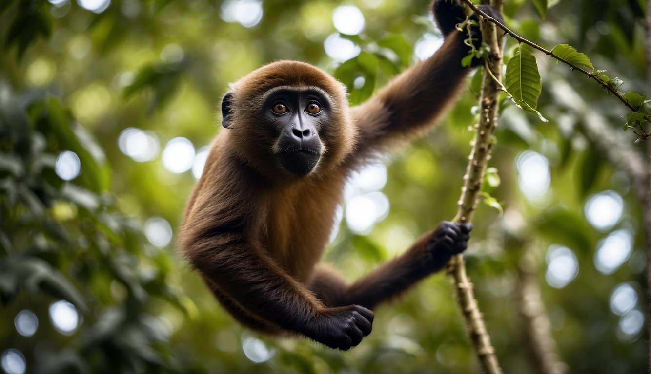 A wise woolly monkey gracefully swings through the treetops, surrounded by lush foliage and curious forest creatures