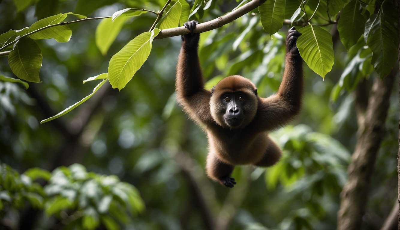 A woolly monkey hangs from a tree branch, surrounded by lush green leaves.

It reaches for a ripe fruit, while others in its troop socialize nearby