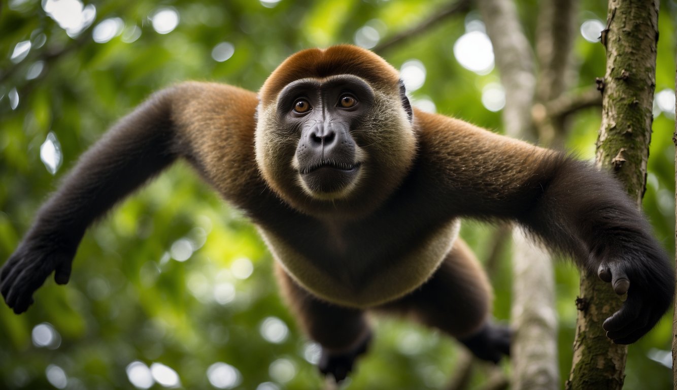 The wise woolly monkey swings confidently through the treetops, engaging in lively social interactions with fellow primates, surrounded by lush green foliage and vibrant wildlife