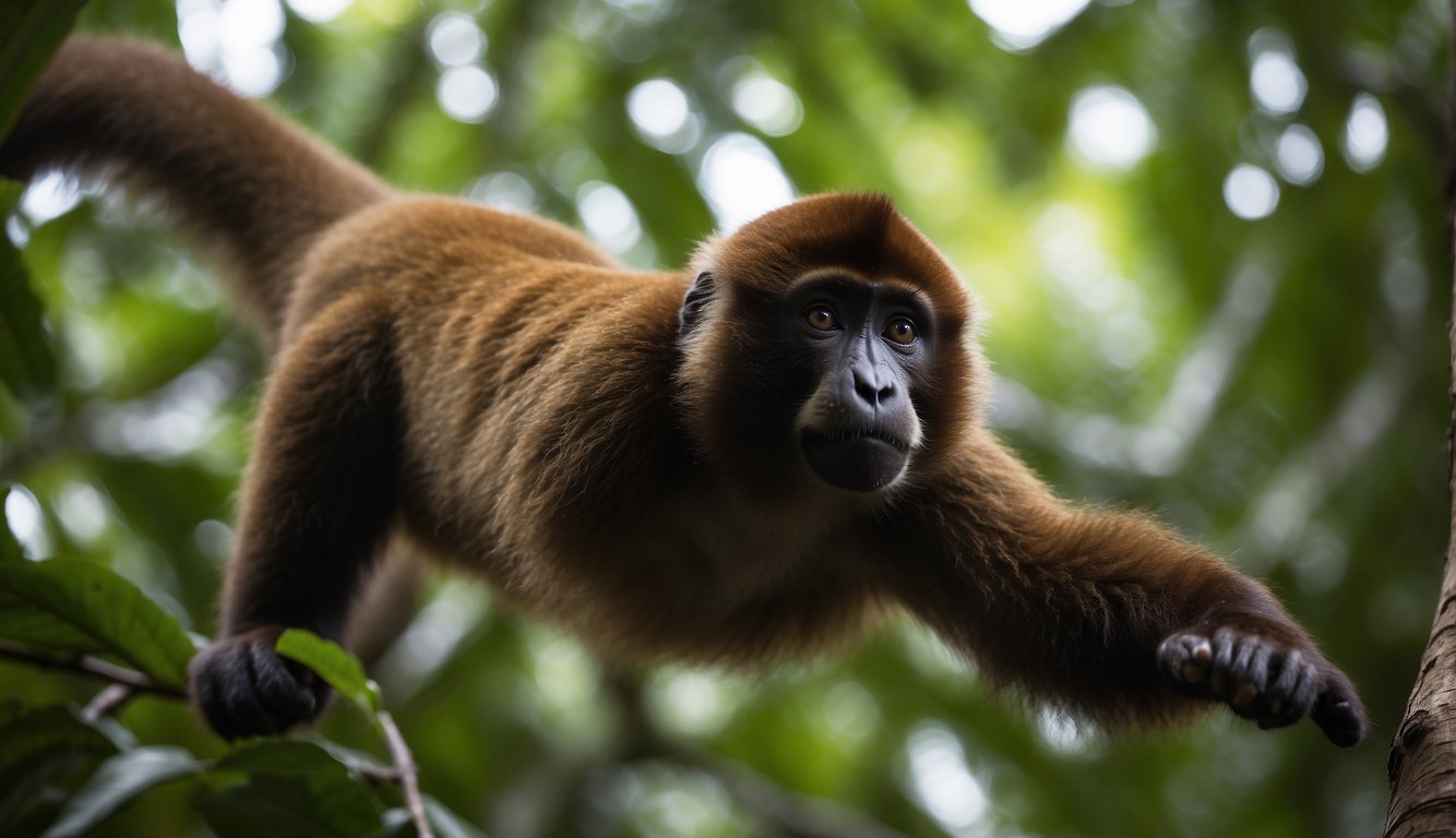 A wise woolly monkey navigates through the treetops, interacting with other monkeys in a lush, tropical rainforest.

The monkey is seen foraging for food and using its agility to swing from branch to branch