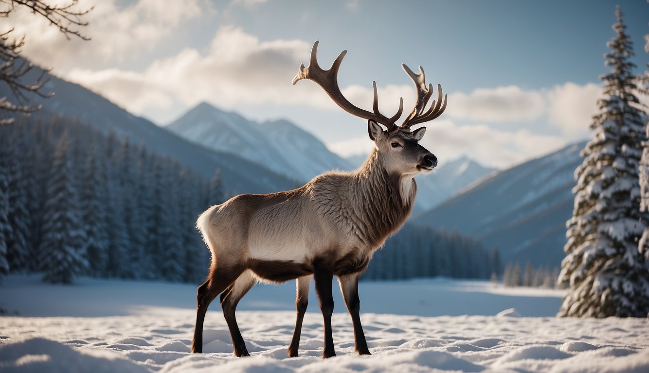 A majestic reindeer stands proudly on a snowy landscape, its powerful antlers reaching towards the sky as it gazes out across the vast, wintry expanse