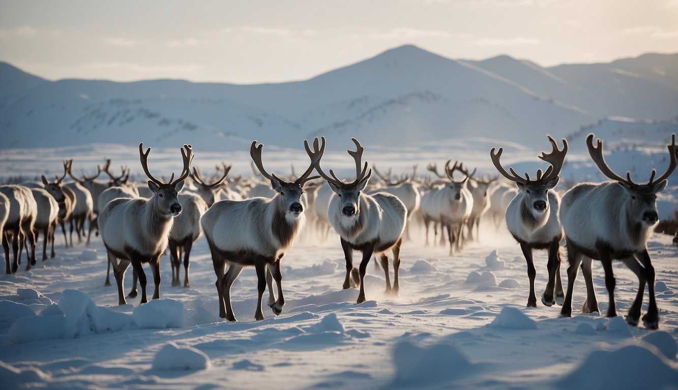 A herd of reindeer traversing a snowy landscape, their hooves leaving imprints in the powdery white snow.

The majestic animals with antlers raised high, moving gracefully through the Arctic terrain