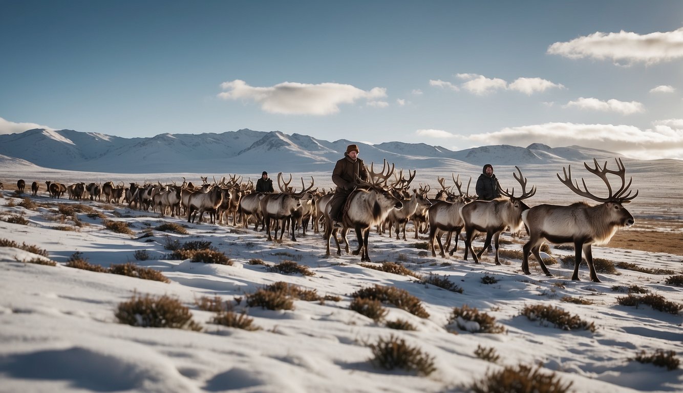 A group of reindeer roam freely across the snowy tundra, guided by a herder on horseback.

The vast, open landscape is dotted with small, traditional nomadic tents, and the herder's loyal dogs follow closely behind the herd