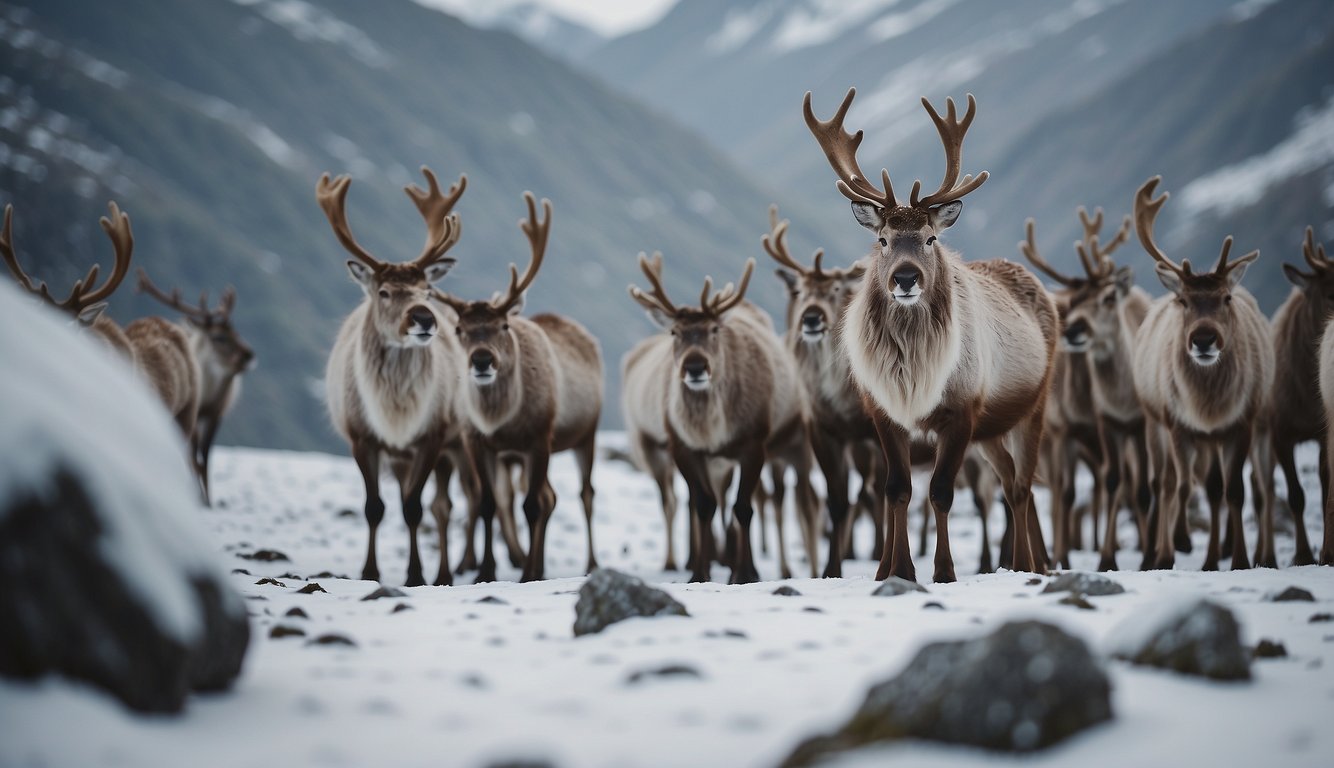 A group of reindeer navigate through a snowy landscape, their thick fur protecting them from the biting cold.

They graze on patches of lichen peeking through the snow, showing their resilience in adapting to the harsh environment