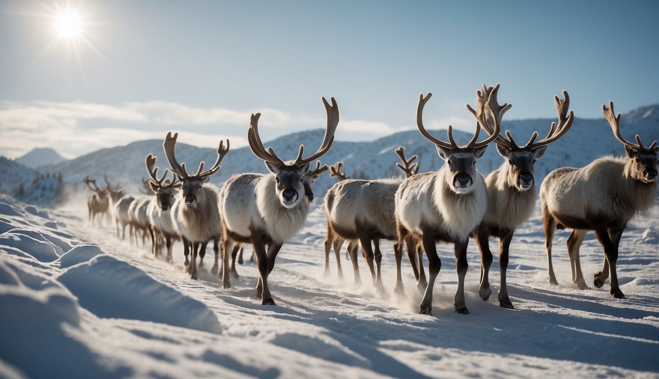 A group of reindeer roam across a snowy landscape, their sturdy hooves leaving deep imprints in the white powder.

The resilient animals move gracefully through the wintry terrain, their thick fur protecting them from the biting cold