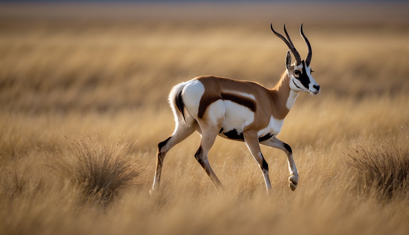 A prancing pronghorn darts across the open prairie, its slender legs propelling it forward with incredible speed.

The graceful creature's white belly and distinctive black markings stand out against the golden grasses