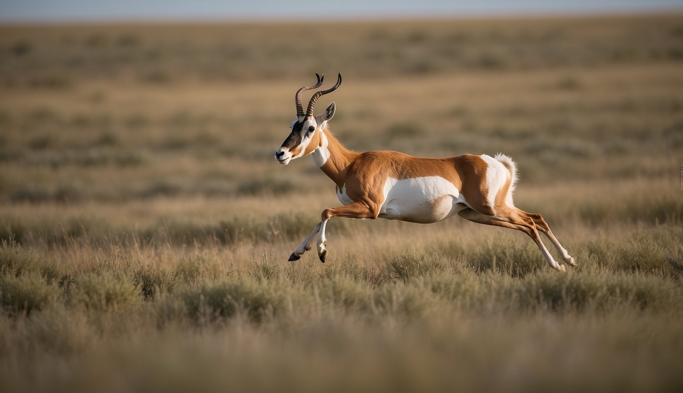 A pronghorn dashes across the open prairie, its slender legs propelling it forward with incredible speed.

Its elegant, curved horns stand out against the backdrop of the grassy landscape, capturing the essence of its swift and graceful movement