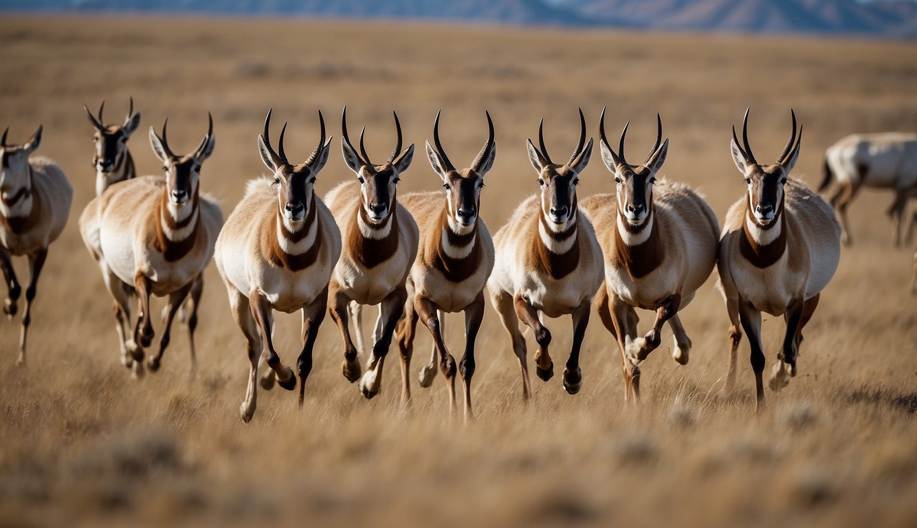 A herd of pronghorn gracefully races across the open prairie, their sleek bodies and long, elegant legs propelling them forward with incredible speed.

The landscape is dotted with signs of human impact, such as fences and power lines, highlighting the delicate