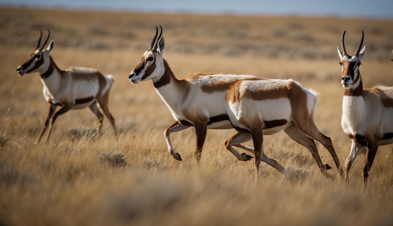 A herd of pronghorn gracefully traverses the open prairie, their sleek bodies and powerful legs propelling them forward with incredible speed and agility