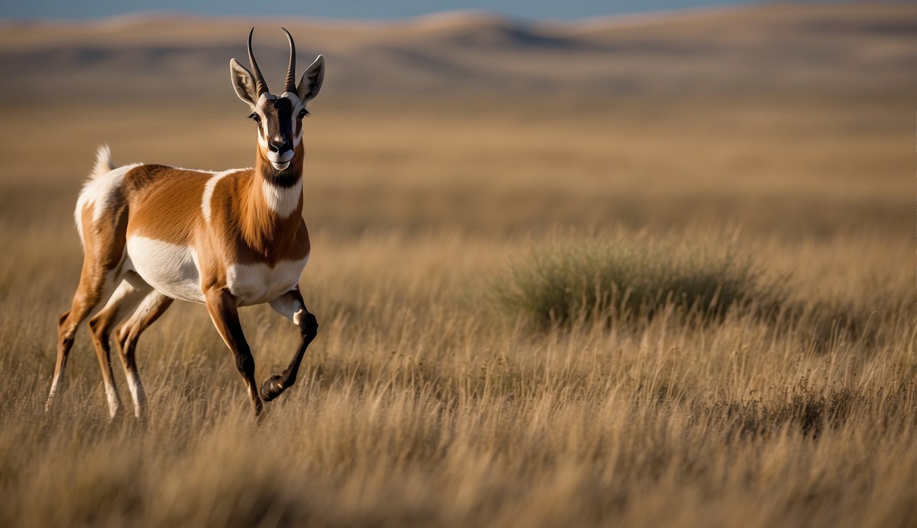 A pronghorn sprinting across the prairie, its sleek body and powerful legs in motion, with a backdrop of open grasslands and distant mountains