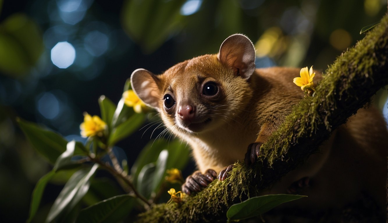 The kinkajou darts through the rainforest canopy, stealing nectar from flowers under the cover of night.

The moonlight illuminates its sleek fur as it navigates the treetops with agile grace